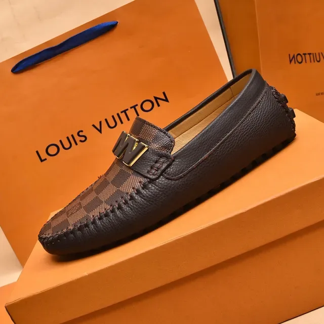 Louis Vuitton Mocassim Marrom Preto Damier Lona Placa Monograma Dourado 5