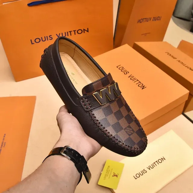 Louis Vuitton Mocassim Marrom Preto Damier Lona Placa Monograma Dourado 6