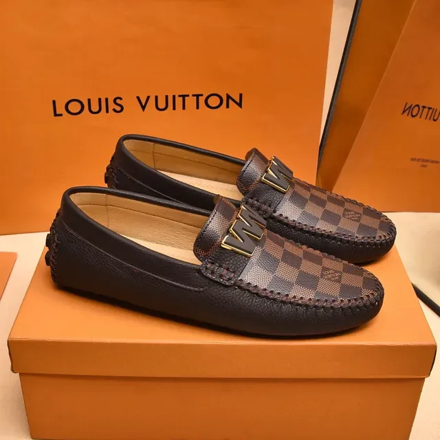 Louis Vuitton Mocassim Marrom Preto Damier Lona Placa Monograma Dourado 8
