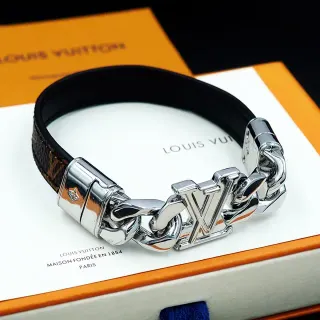Louis Vuitton LV سوارة سلسلة جلد أسود مونوغرام ونغمة فضية