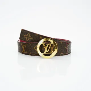 Louis Vuitton LV fivela circular marrom vermelho monograma lona tonalidade dourada circular couro