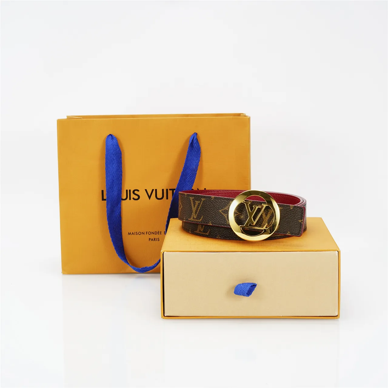 Louis Vuitton LV fivela circular marrom vermelho monograma lona tonalidade dourada circular couro 4
