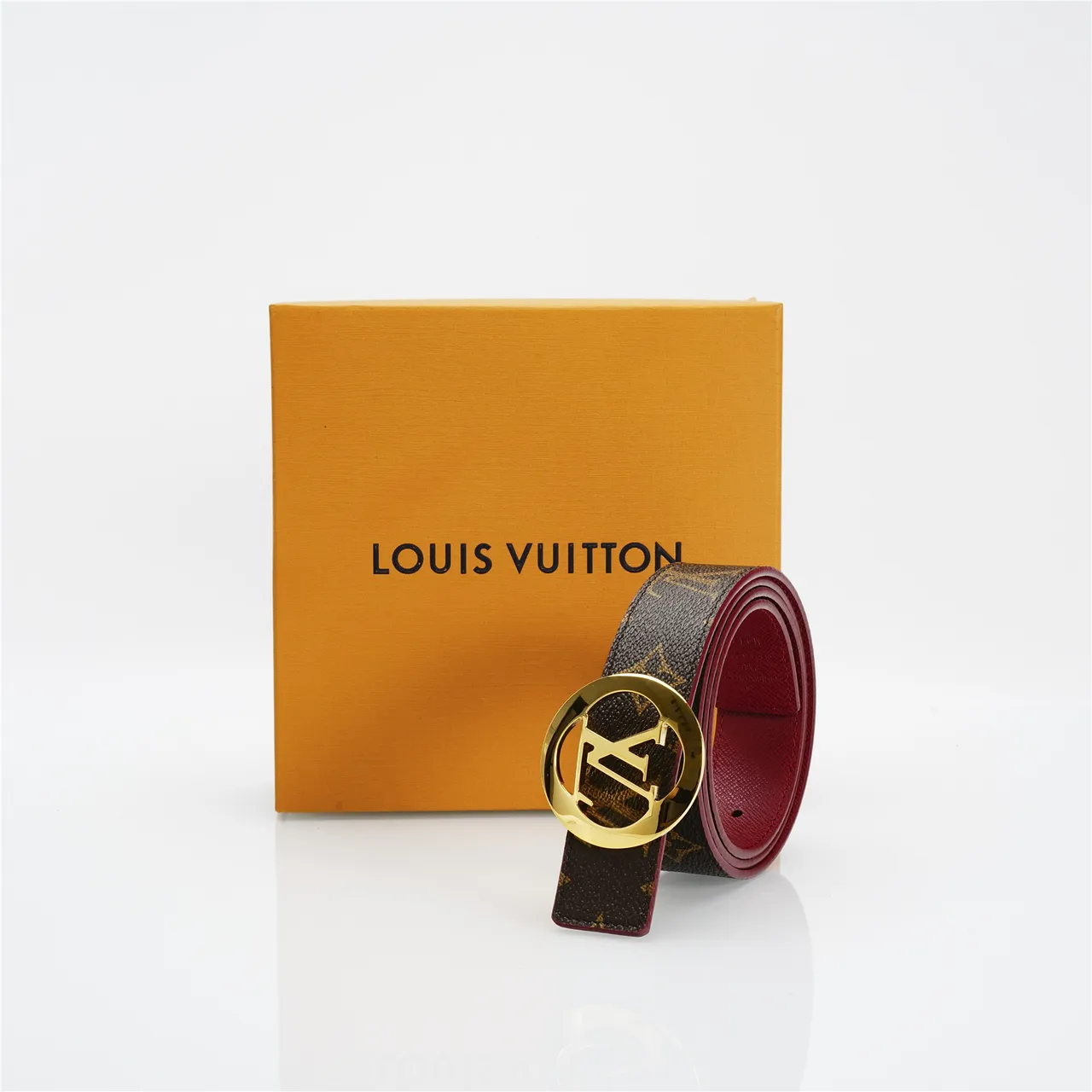 Louis Vuitton LV fivela circular marrom vermelho monograma lona tonalidade dourada circular couro 5