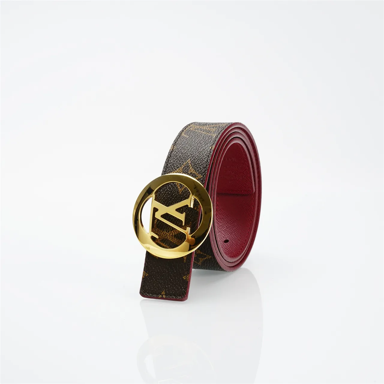 Louis Vuitton LV fivela circular marrom vermelho monograma lona tonalidade dourada circular couro 6