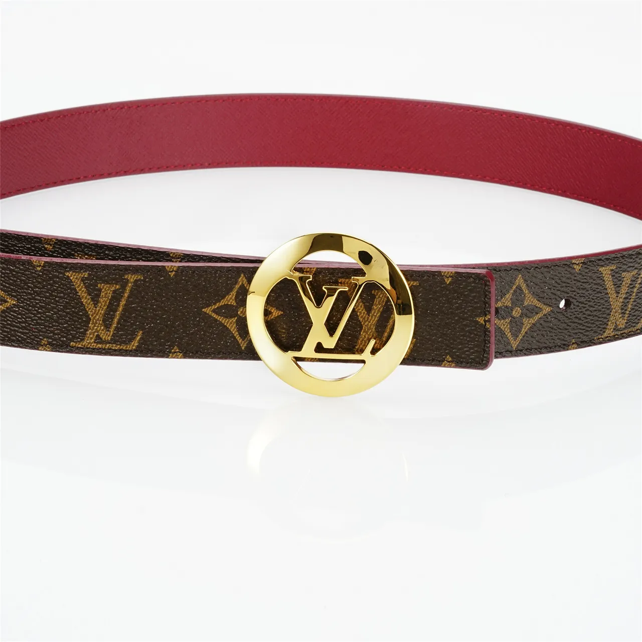 Louis Vuitton LV fivela circular marrom vermelho monograma lona tonalidade dourada circular couro 8