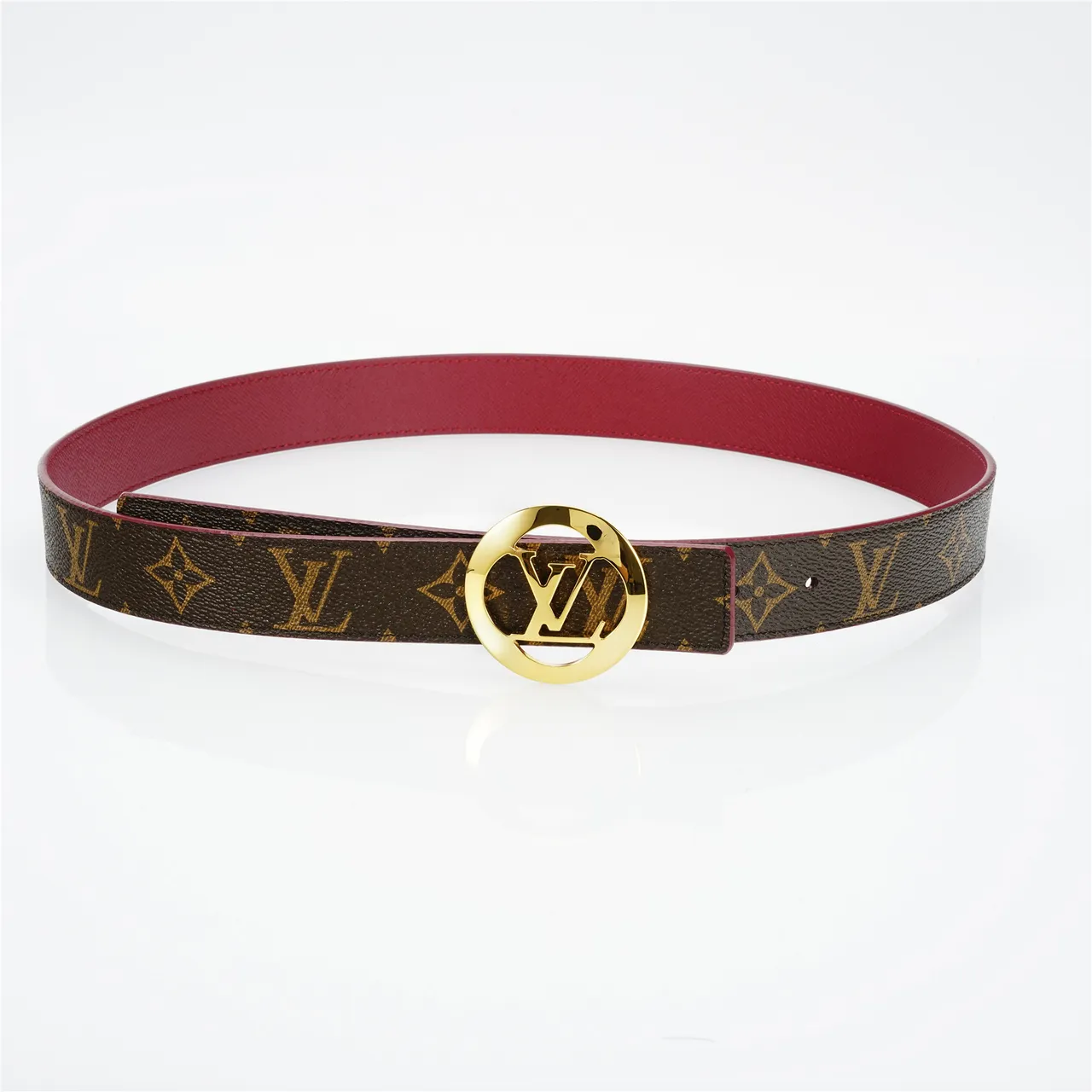 Louis Vuitton LV fivela circular marrom vermelho monograma lona tonalidade dourada circular couro 9