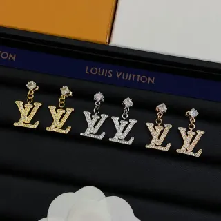 أقراط Louis Vuitton LV Monogram كريستال ذهبي فضي معلق متمايل ستود