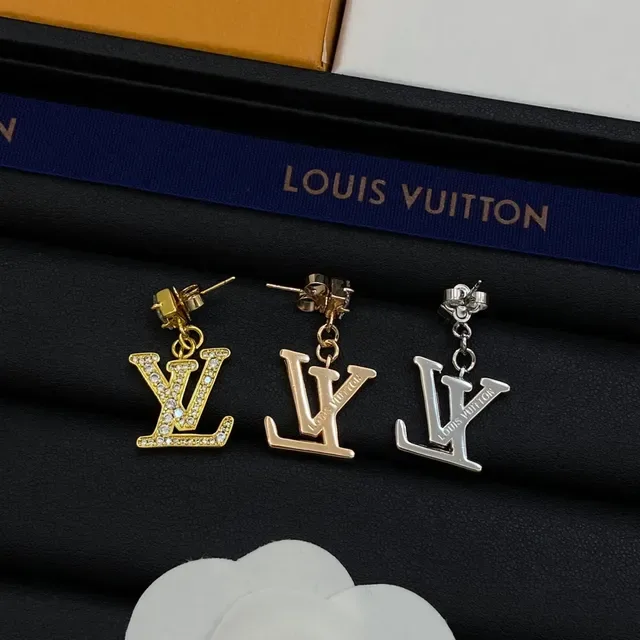 Louis Vuitton LV Monogram Crystal Gold Silver Pendant Dangling Stud Earrings 2