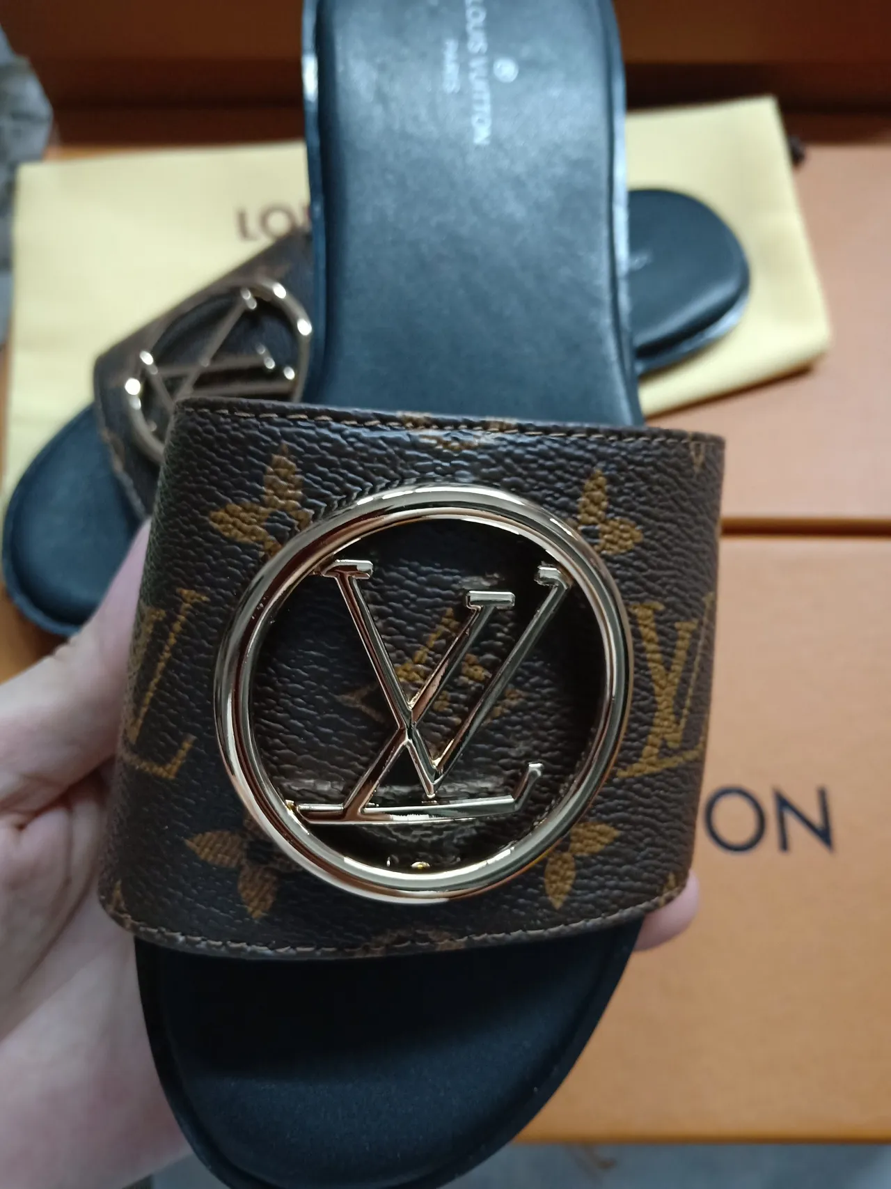 Louis Vuitton LV Slide Monogram Canvas Gold Buckle Slipper 4