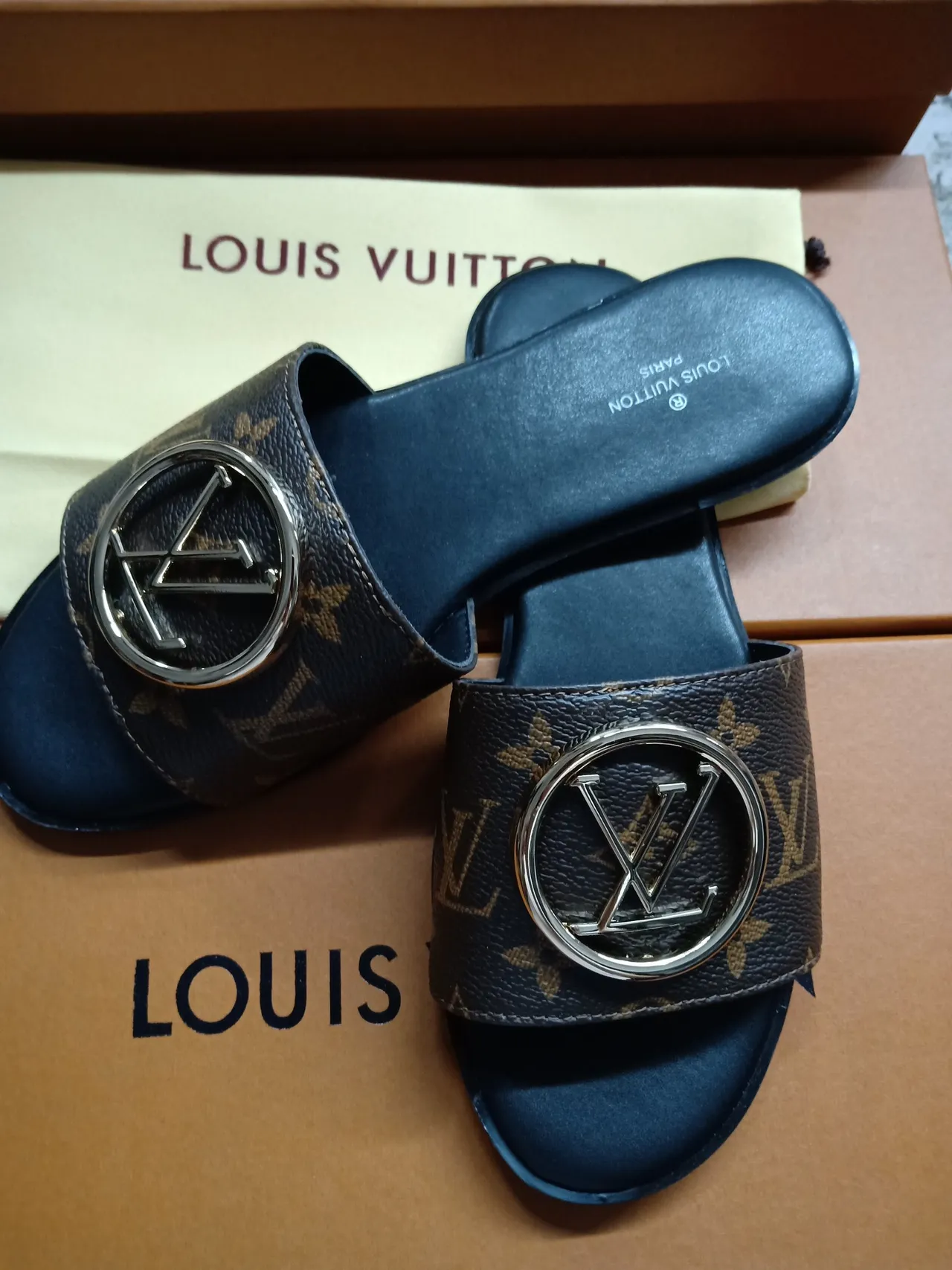 Louis Vuitton LV Slide Monogram Canvas Gold Buckle Slipper 5