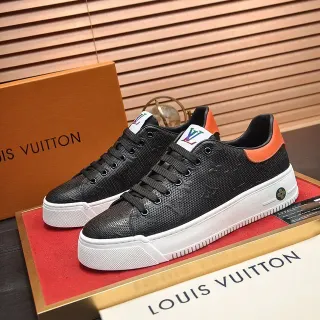 Louis Vuitton LV Trainer Negro Naranja Perforado Monograma Cuero Grueso Suela Plataforma Blanca Sneakers Lifestyle