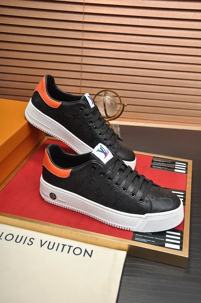 路易威登 LV 训练鞋 黑色橙色 穿孔米字纹皮革 厚白色平台鞋底 生活方式运动鞋 5