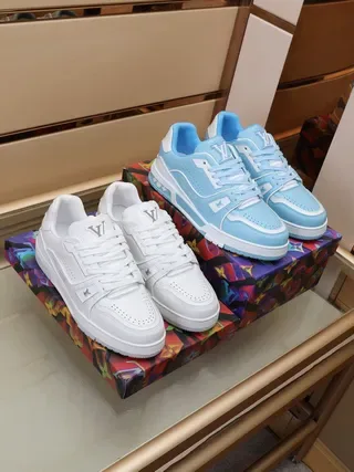 Louis Vuitton LV Trainer Blue White Layered Overlay Construction Perforated Toe Box Lifestyle Sneakers 5