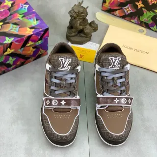Louis Vuitton LV Trainer Marrom Bege Monograma Jacquard Superior Fita Larga Motivo Tênis Lifestyle