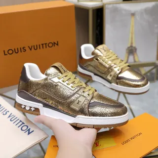 Louis Vuitton LV Trainer Zapatillas Lifestyle cuero Crackle metálico Gold Brown con superposiciones