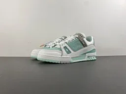 Louis Vuitton LV Trainer Verde Branco Sola Média Multicamadas Malha Perfurada Superior Tênis Lifestyle 10