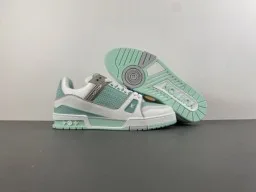Louis Vuitton LV Trainer Verde Branco Sola Média Multicamadas Malha Perfurada Superior Tênis Lifestyle 12