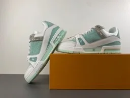 Louis Vuitton LV Trainer Verde Branco Sola Média Multicamadas Malha Perfurada Superior Tênis Lifestyle 14