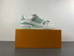 Louis Vuitton LV Trainer Verde Branco Sola Média Multicamadas Malha Perfurada Superior Tênis Lifestyle 15