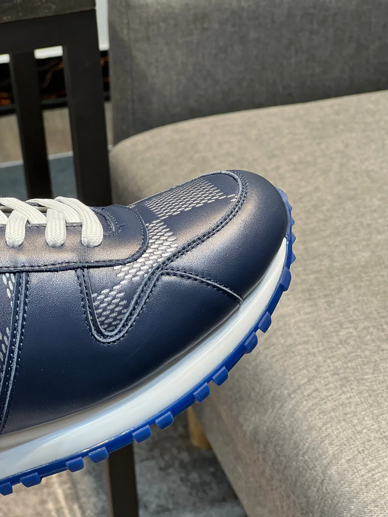 Louis Vuitton LV Trainer Navy White Leather Upper Perforated Checkerboard Panels Lifestyle Sneakers 3