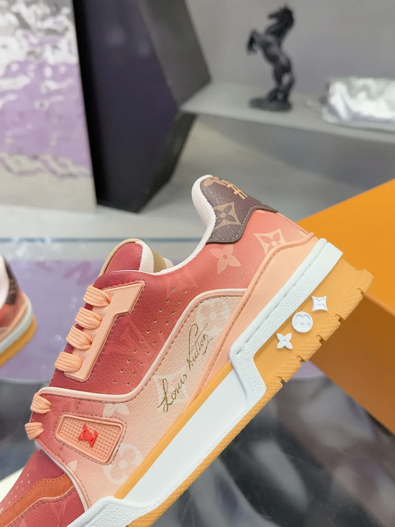 Louis Vuitton LV Trainer Pink Orange Monogram Canvas Layered Upper Lifestyle Sneakers 3