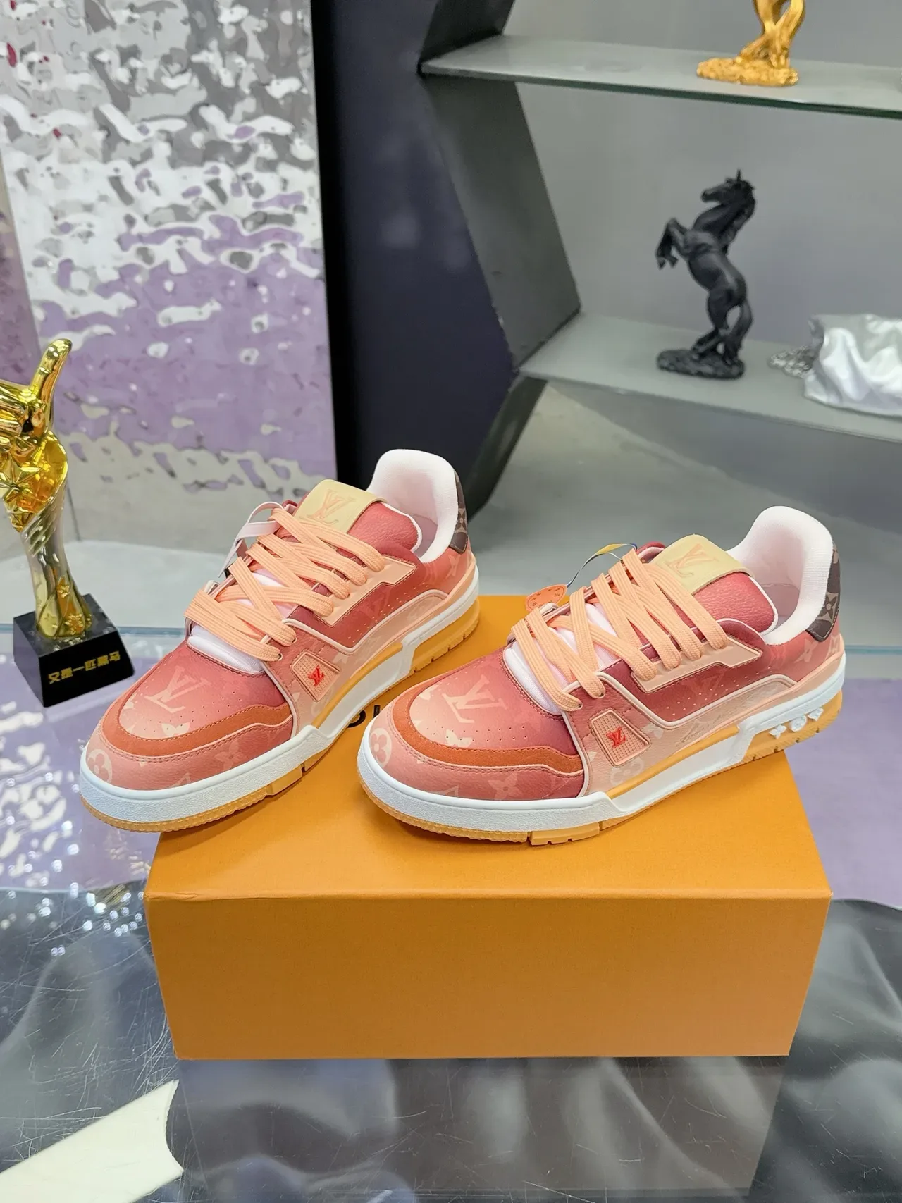 Louis Vuitton LV Trainer Pink Orange Monogram Canvas Layered Upper Lifestyle Sneakers 5