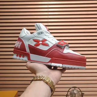 Louis Vuitton LV Trainer Zapatillas Lifestyle Rojo Blanco Low-Top Cuero-Malla Híbrido