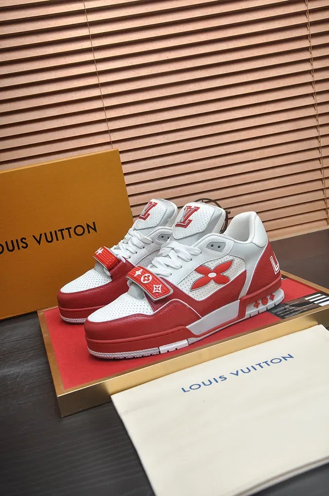 Louis Vuitton LV Trainer Red White Low-Top Leather-Mesh Hybrid Lifestyle Sneakers 4
