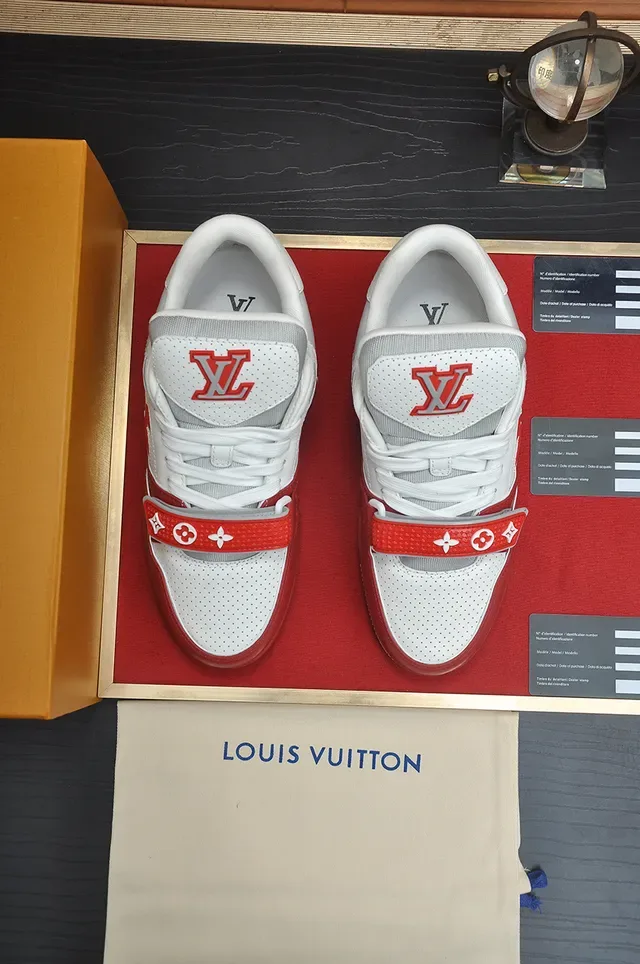 Louis Vuitton LV Trainer Red White Low-Top Leather-Mesh Hybrid Lifestyle Sneakers 5