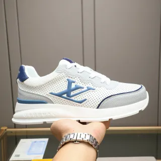 Louis Vuitton LV Trainer Branco Azul Couro Perfurado Superior Embossada Sola Intermediária Marca Lifestyle Sneakers