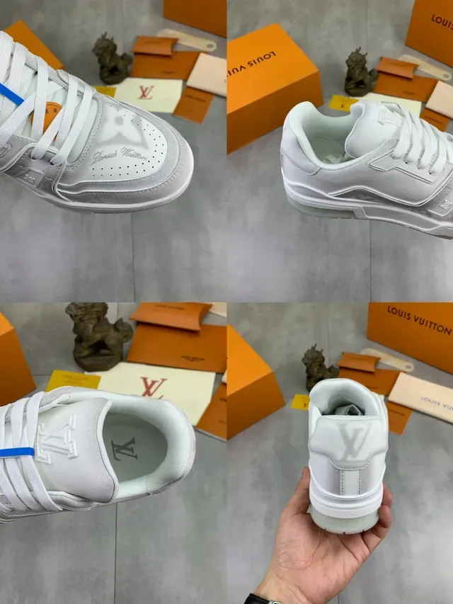 Louis Vuitton LV Trainer أبيض و رمادي بنية أحادية اللون طبقات تفصيل Monogram مطبوع أحذية أسلوب حياة 2
