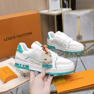 Louis Vuitton LV Trainer Blanco Verde Cuero Superior Acento Turquesa Tubo Lifestyle Sneakers