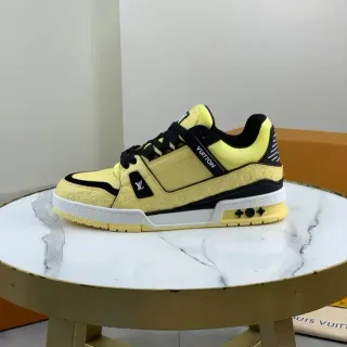 Louis Vuitton LV Trainer Tênis Lifestyle Amarelo Preto Couro Monogram-Embossed Sola Dual-Tone Camadas