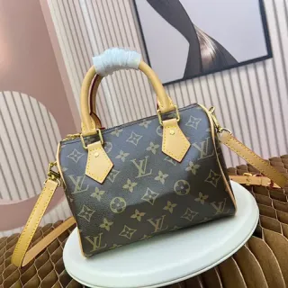 Louis Vuitton Mini Speedy Monogram Coated Canvas Tan Leather Boston Bag