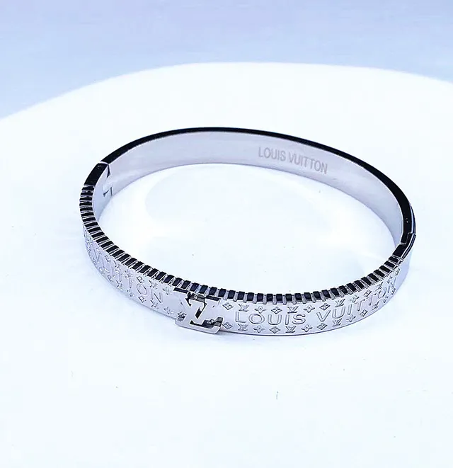 Louis Vuitton Monogram Bangle Gold Black Engraved Hinged Bracelet 3