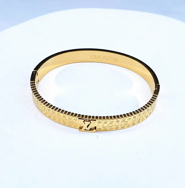 Louis Vuitton Monogram Bangle Gold Black Engraved Hinged Bracelet 4