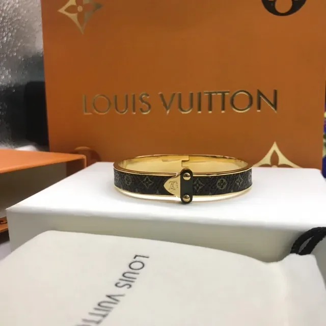 Louis Vuitton Monogram Canvas Bangle Black Gold Hinged Bracelet 2