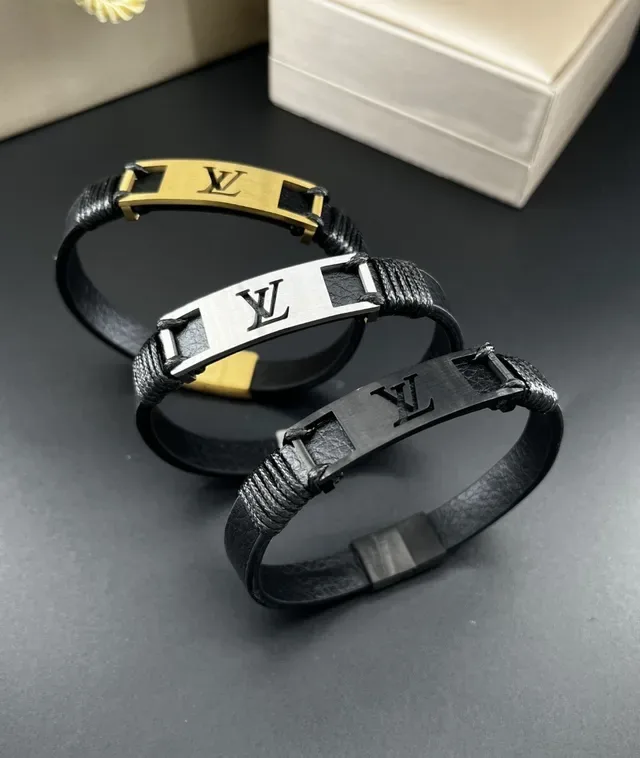 Louis Vuitton Monogram Engraved Metal Plate Black Leather Bracelet 5