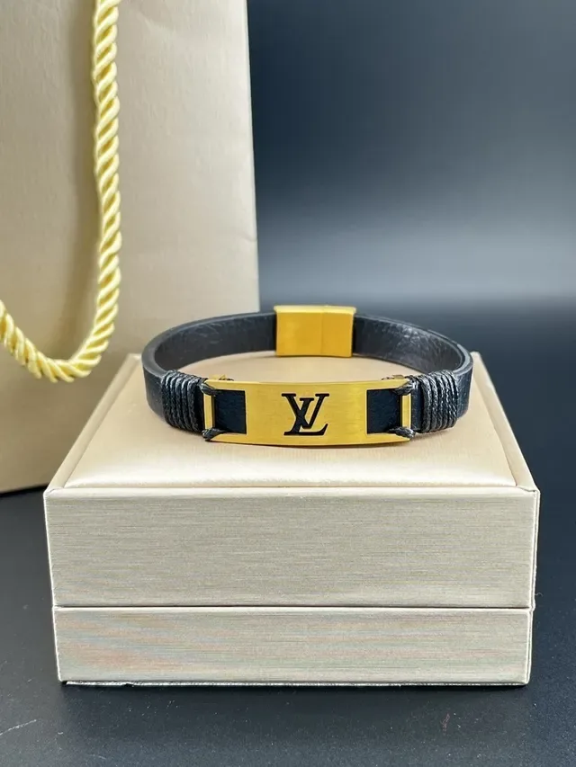 Louis Vuitton Monogram Engraved Metal Plate Black Leather Bracelet 6