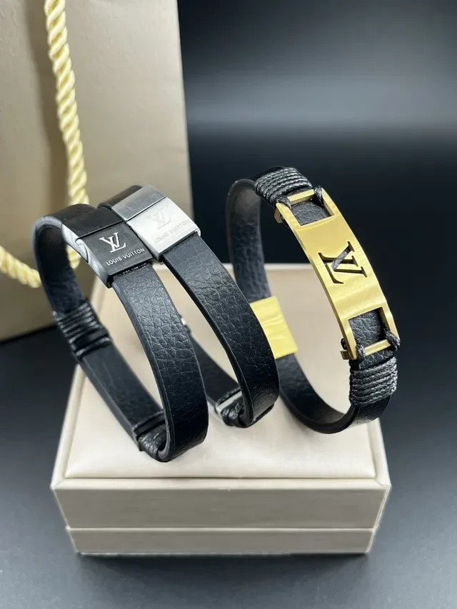 Louis Vuitton Monogram Engraved Metal Plate Black Leather Bracelet 9