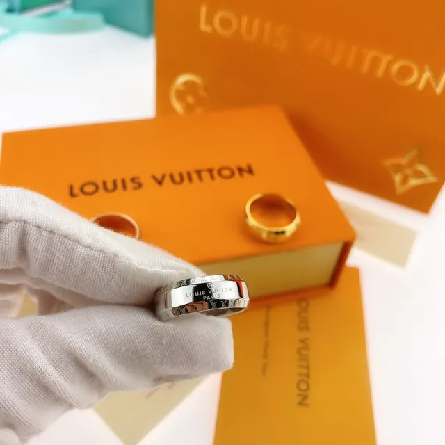 Louis Vuitton Monogram Ring Gold Tone Enamel Inlay Rings 6