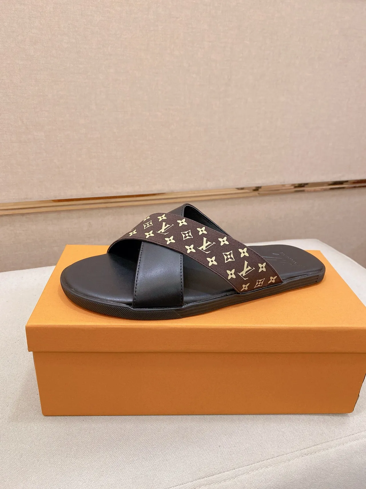 Louis Vuitton Monogram Slide Black Brown Crossed-Strap Slippers 6