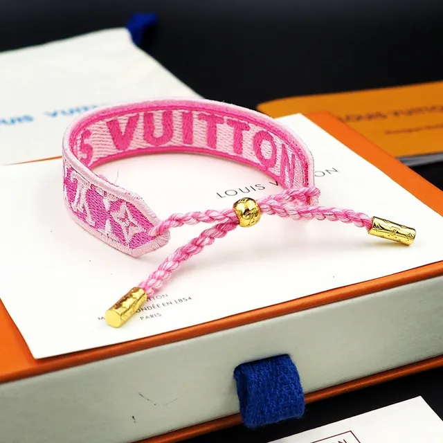 Louis Vuitton Monogram Pulsera Tejida Rosa Beige Bordada Cinta Textil 5