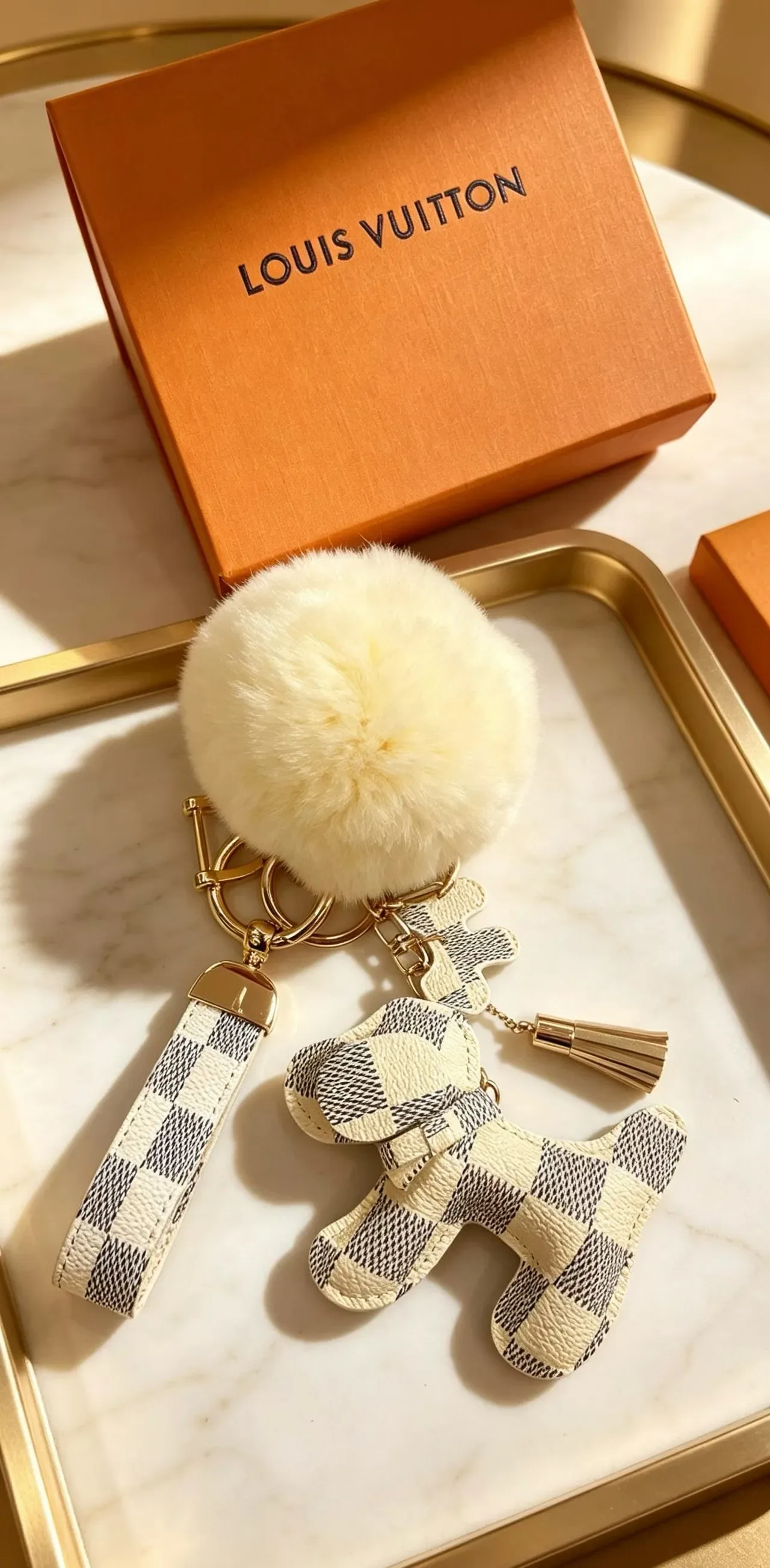 Louis Vuitton Teddy Bear Beige Black Damier Check Leather Pom-Pom Accent Phone Accessory 4
