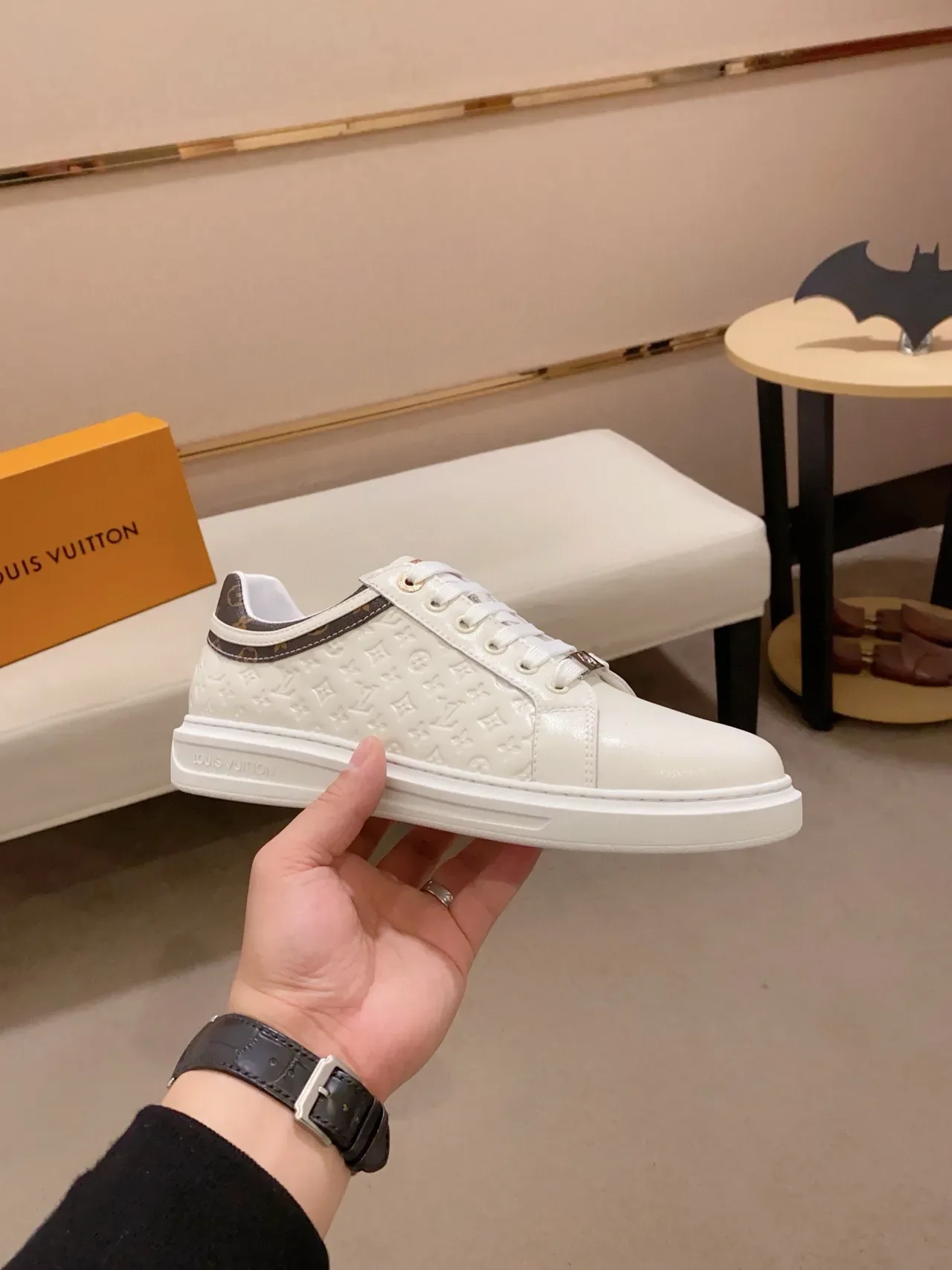 Louis Vuitton White Brown Monogram-Embossed Leather Low-Top Lace-Up Lifestyle Sneakers 4