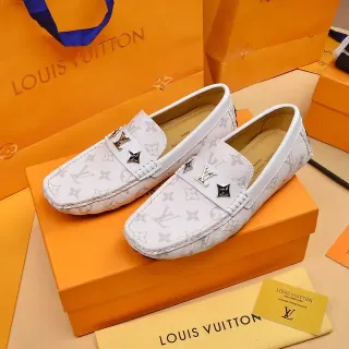 Louis Vuitton सफेद भूरा मोनोग्राम प्रिंट चमड़ा धातु LV बकल लूफर