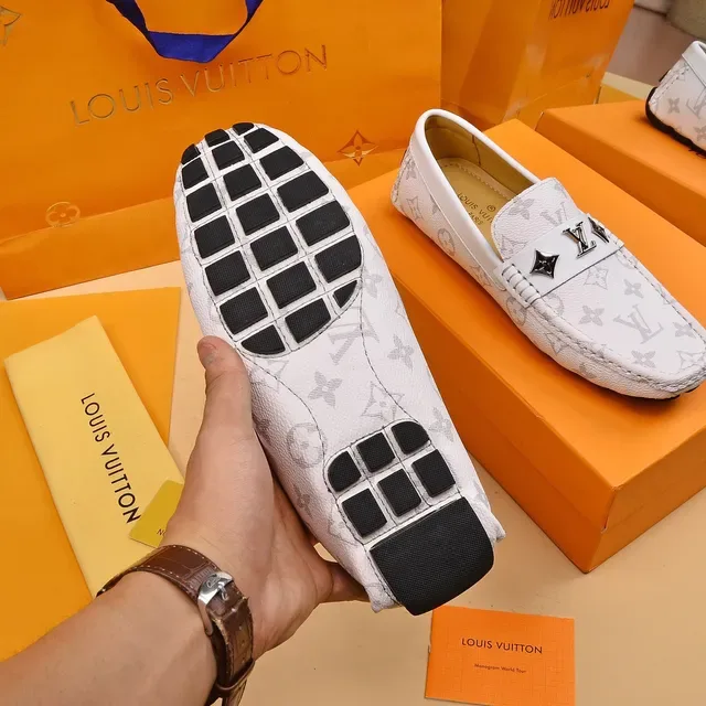 Louis Vuitton White Gray Monogram-Print Leather Metal LV Buckle Loafer 4