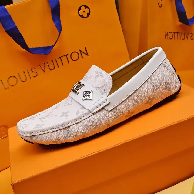 Louis Vuitton White Gray Monogram-Print Leather Metal LV Buckle Loafer 5