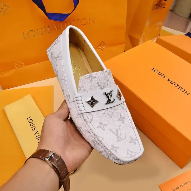 Louis Vuitton White Gray Monogram-Print Leather Metal LV Buckle Loafer 6
