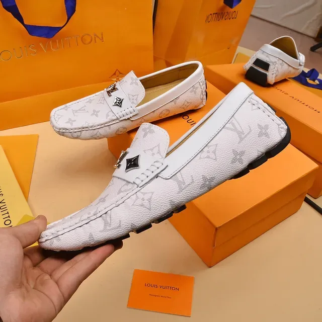 Louis Vuitton White Gray Monogram-Print Leather Metal LV Buckle Loafer 7